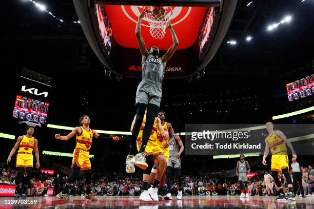 Kevin Durant of the Brooklyn Nets dunks during the second half against the Atlanta Hawks at State Farm Arena on April 2, 2022 in Atlanta, Georgia....