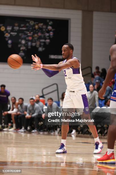 Matt Coleman of the Stockton Kings passes the ball out against the Salt Lake City Stars at Bruins Arena on April 02, 2022 in Taylorsville, Utah. NOTE...