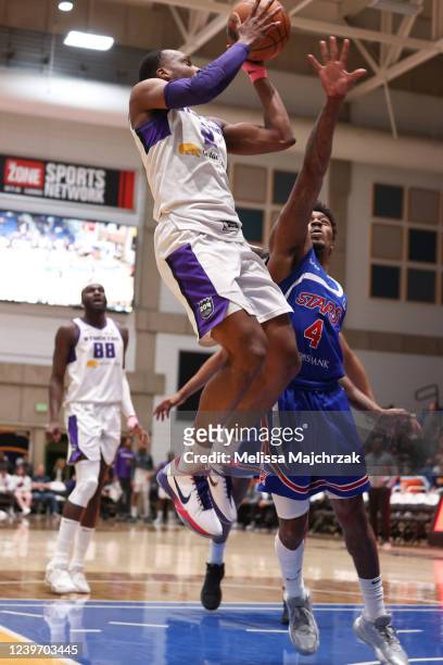 Matt Coleman of the Stockton Kings goes up for the shot over Daxter Miles Jr. #4 of the Salt Lake City Stars at Bruins Arena on April 02, 2022 in...