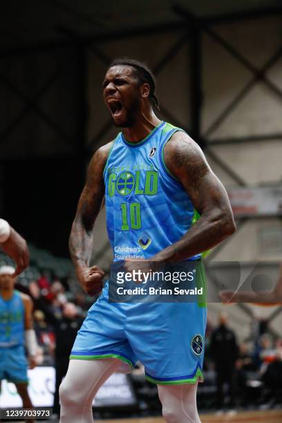 Terrence Jones of the Grand Rapids Gold reacts to a play on Saturday, April 2, 2022 at Deltaplex Arena in Grand Rapids, Michigan. NOTE TO USER: User...
