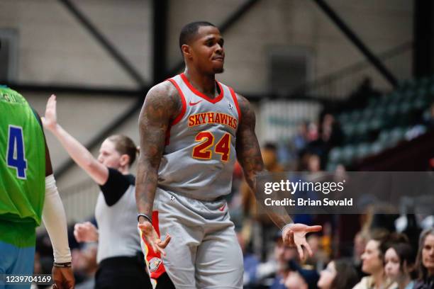 Marcus Georges-Hunt of the College Park SKyhawks reacts to a play on Saturday, April 2, 2022 at Deltaplex Arena in Grand Rapids, Michigan. NOTE TO...