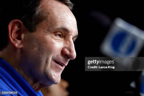 Head coach Mike Krzyzewski of the Duke Blue Devils speaks during his final post-game press conference after their loss to the North Carolina Tar...