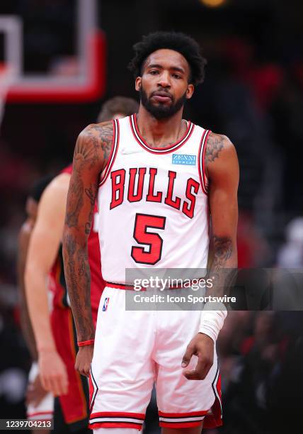 Chicago Bulls forward Derrick Jones Jr. Looks on during a NBA game between the Miami Heat and the Chicago Bulls on April 2, 2022 at the United Center...