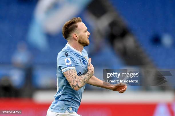 Manuel Lazzari of SS Lazio celebrates after scoring the goal of 1-0 during the Serie A football match between SS Lazio and US Sassuolo. SS Lazio won...