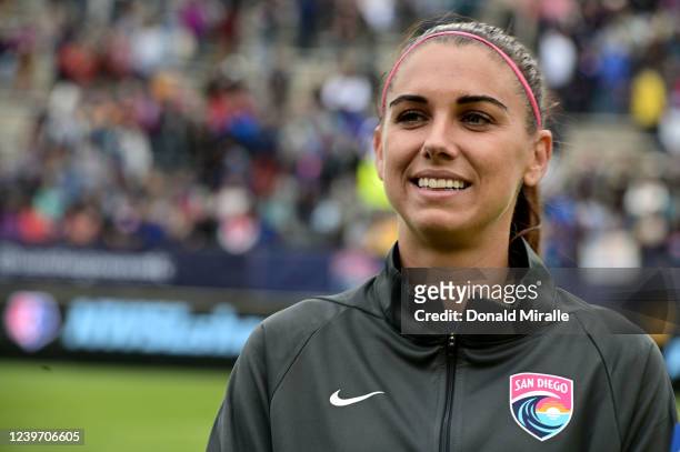 Forward Alex Morgan of the San Diego Wave FC looks on after scoring two goals against the Angel City FC during their NWSL Challenge Cup game at...