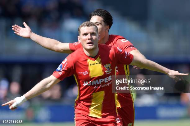 Ragnar Oratmangoen of Go Ahead Eagles, Philippe Rommens of Go Ahead Eagles celebrates 0-1 during the Dutch Eredivisie match between PEC Zwolle v Go...