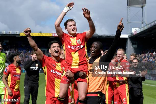 Ragnar Oratmangoen of Go Ahead Eagles, Philippe Rommens of Go Ahead Eagles, Jacob Mulenga of Go Ahead Eagles celebrates the victory during the Dutch...