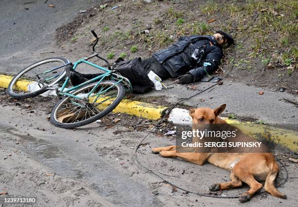Graphic content / A dog lies next to the body of Volodymyr Brovchenko in Yablunska street in Bucha, northwest of Kyiv, April 3, 2022. According to...
