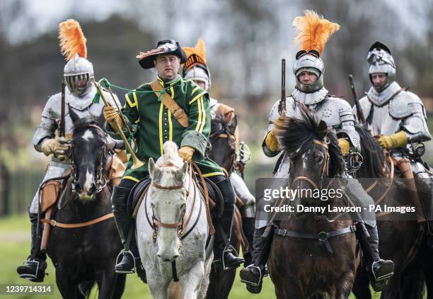 Cavalry reenactment group The Troop, who portray the 17th Century Cuirassiers from Sir Arthur Haselrig regiment, training at Murton Park, Yorkshire,...
