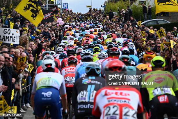 The pack of riders at 'de Berendries' during the men's race of the 'Ronde van Vlaanderen - Tour des Flandres - Tour of Flanders' one day cycling...
