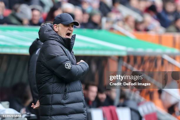 Director of sport Joerg Schmadtke of VfL Wolfsburg gestures during the Bundesliga match between FC Augsburg and VfL Wolfsburg at WWK-Arena on April...