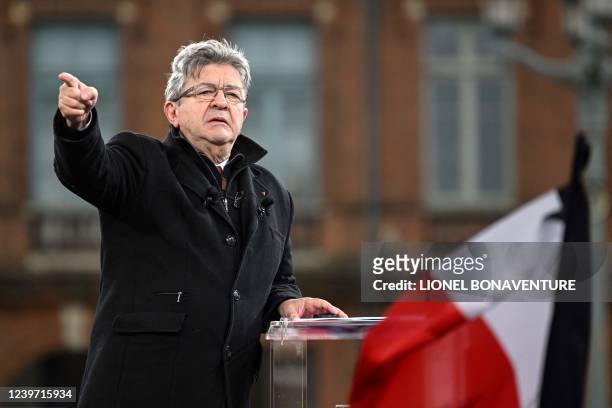 French leftist party La France Insoumise presidential candidate Jean-Luc Melenchon delivers a speech during a campaign meeting a week before the...