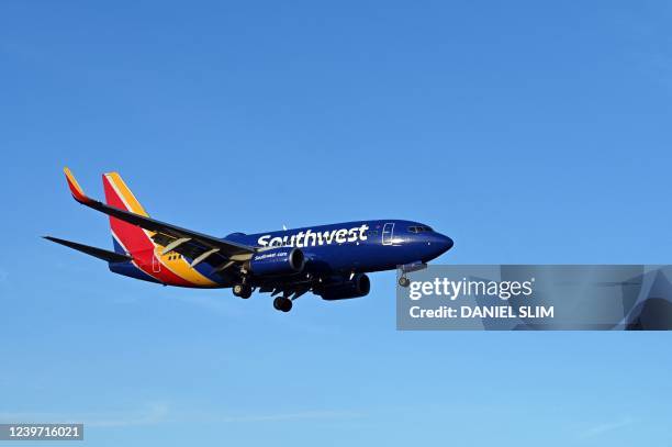 Southwest Airlines plane approaches the runway at Ronald Reagan Washington National Airport in Arlington, Virginia, on April 2, 2022.