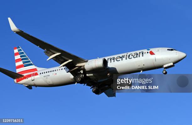 An American Airlines plane approaches the runway at Ronald Reagan Washington National Airport in Arlington, Virginia, on April 2, 2022.