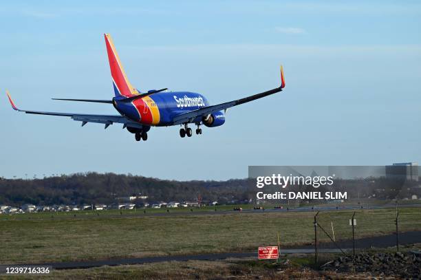 Southwest Airlines plane approaches the runway at Ronald Reagan Washington National Airport in Arlington, Virginia, on April 2, 2022.