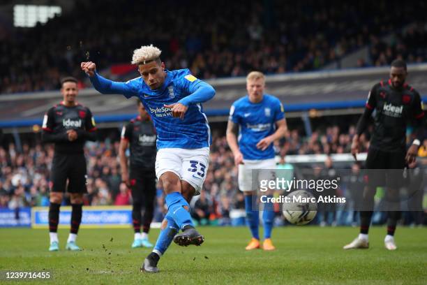 Lyle Taylor of Birmingham City scores the opening goal from the penalty spot during the Sky Bet Championship match between Birmingham City and West...