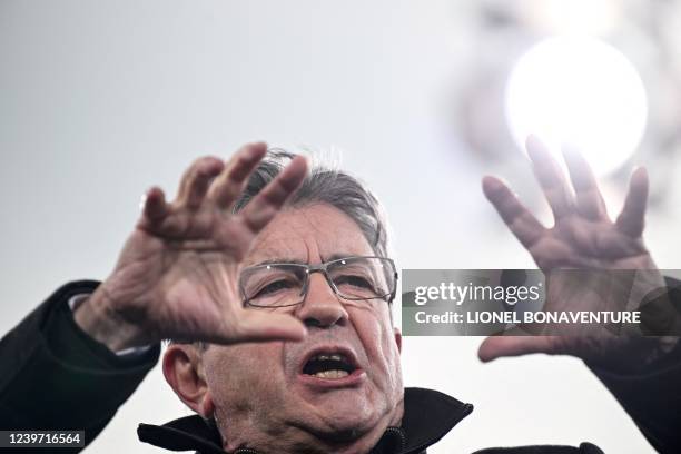 French leftist party La France Insoumise presidential candidate Jean-Luc Melenchon delivers a speech during a campaign meeting a week before the...