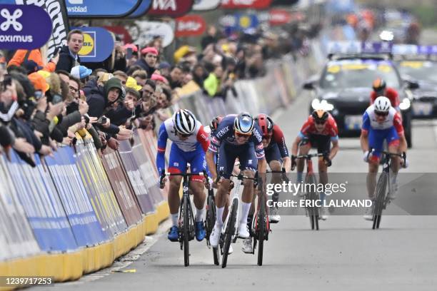 LtoR, Groupama-FDJ's Valentin Madouas of France, stage winner, Alpecin-Fenix' Mathieu van der Poel of Netherlands, UAE Team Emirates' Tadej Pogacar...