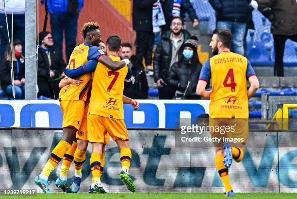 Henrikh Mkhitarian of Roma celebrates with his team-mates after scoring a goal during the Serie A match between UC Sampdoria and AS Roma at Stadio...