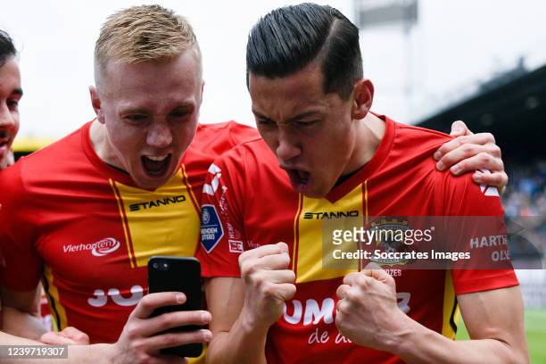 Isac Lidberg of Go Ahead Eagles, Jay Idzes of Go Ahead Eagles celebrates the victory during the Dutch Eredivisie match between PEC Zwolle v Go Ahead...