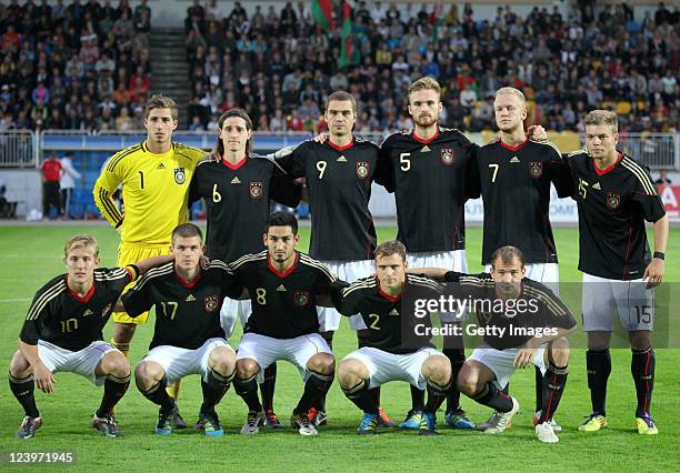 The team of Germany pose prior to the UEFA Under-21 Championship qualifying match between Belarus and Germany at Borisov Gorodskoy Stadium on...