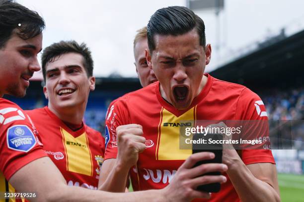 Jay Idzes of Go Ahead Eagles celebrates the victory during the Dutch Eredivisie match between PEC Zwolle v Go Ahead Eagles at the MAC3PARK Stadium on...