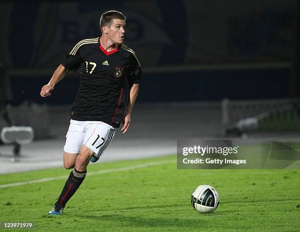 Sebastian Jung of Germany runs with the ball during the UEFA Under-21 Championship qualifying match between Belarus and Germany at Borisov Gorodskoy...