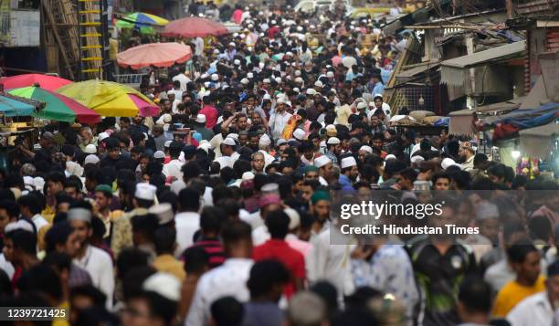 Muslims throng to purchase snacks to break day fast on first day of Holy month of Ramzan at Modh Ali Road on April 3, 2022 in Mumbai, India....