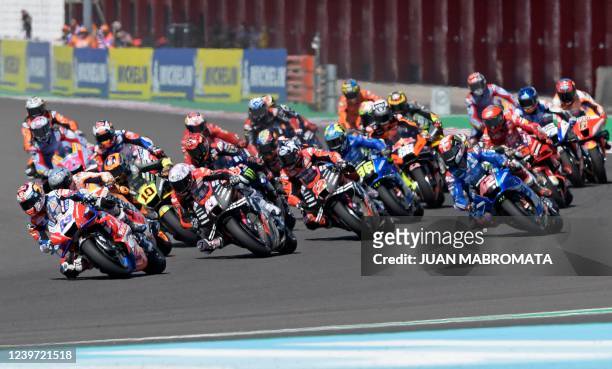 Riders compete during the start of the Argentina Grand Prix MotoGP race at the Termas de Rio Hondo circuit, in Termas de Rio Hondo, in the Argentine...