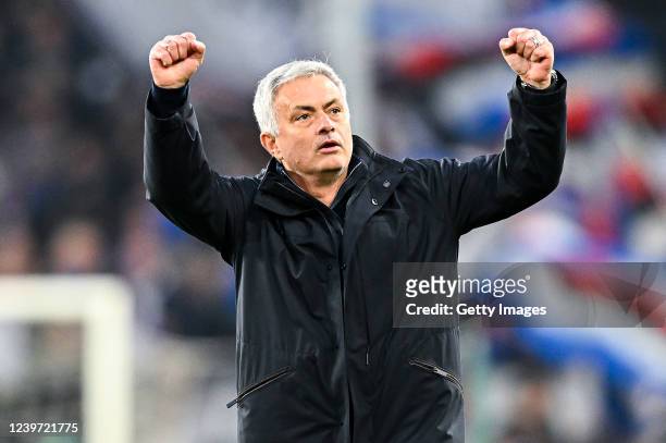 José Mourinho head coach of Roma celebrates his teams victory after the Serie A match between UC Sampdoria and AS Roma at Stadio Luigi Ferraris on...