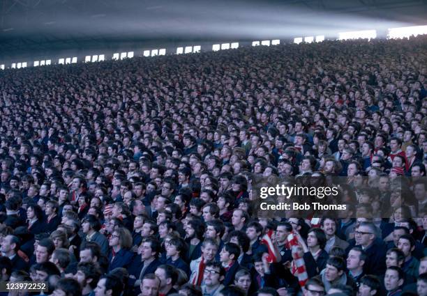 The crowd on the Anfield Kop in Liverpool, circa 1970.