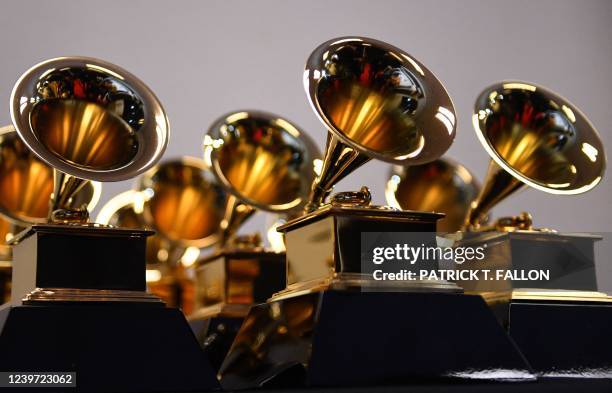 Grammy Award trophies are seen in the press room during the 64th Annual Grammy Awards at the MGM Grand Garden Arena in Las Vegas on April 3, 2022.