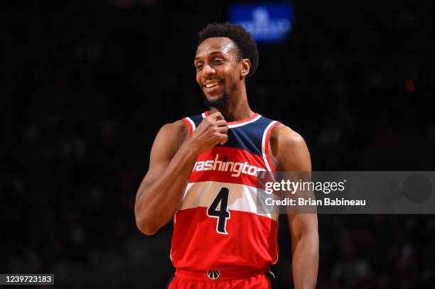 Ish Smith of the Washington Wizards smiles during the game against the Boston Celtics on April 3, 2022 at the TD Garden in Boston, Massachusetts....