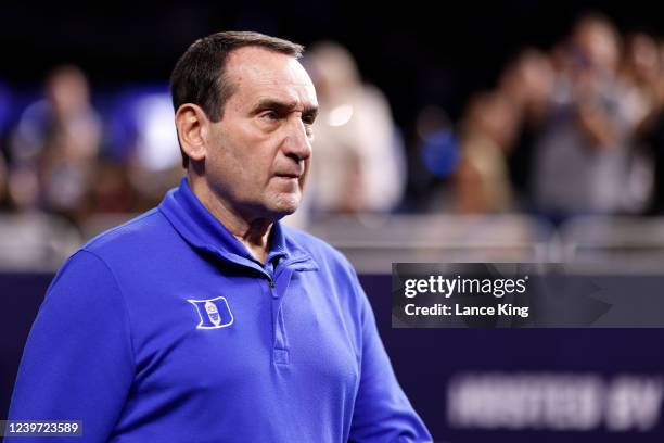 Head coach Mike Krzyzewski of the Duke Blue Devils walks toward the court prior to their game against the North Carolina Tar Heels during the 2022...