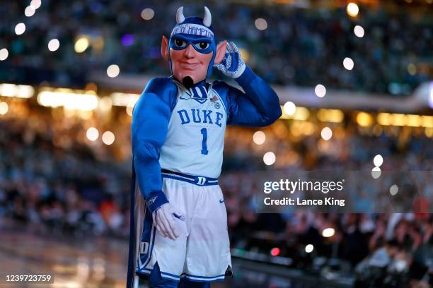 The mascot of the Duke Blue Devils performs during their game against the North Carolina Tar Heels during the 2022 NCAA Men's Basketball Tournament...