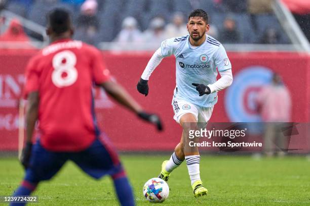 Chicago Fire defender Mauricio Pineda dribbles the ball in action during a game between the Chicago Fire and the FC Dallas on April 2, 2022 at...