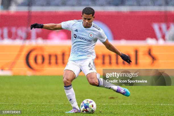 Chicago Fire defender Miguel Ángel Navarro kicks the ball in action during a game between the Chicago Fire and the FC Dallas on April 2, 2022 at...