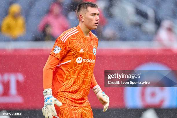 Chicago Fire goalkeeper Gabriel Slonina looks on in action during a game between the Chicago Fire and the FC Dallas on April 2, 2022 at Soldier Field...