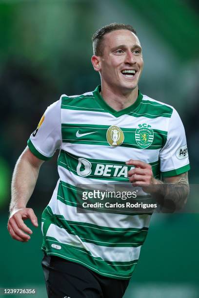 Nuno Santos of Sporting CP celebrates scoring Sporting CP second goal during the Liga Portugal Bwin match between Sporting CP and FC Pacos de...
