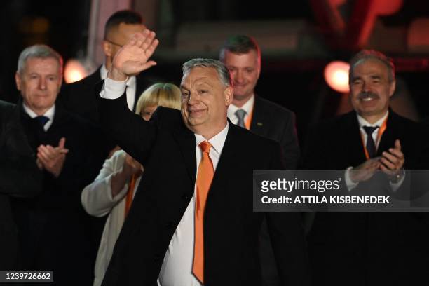 Hungarian Prime Minister Viktor Orban and members of the Fidesz party celebrate on stage at their election base, 'Balna' building on the bank of the...