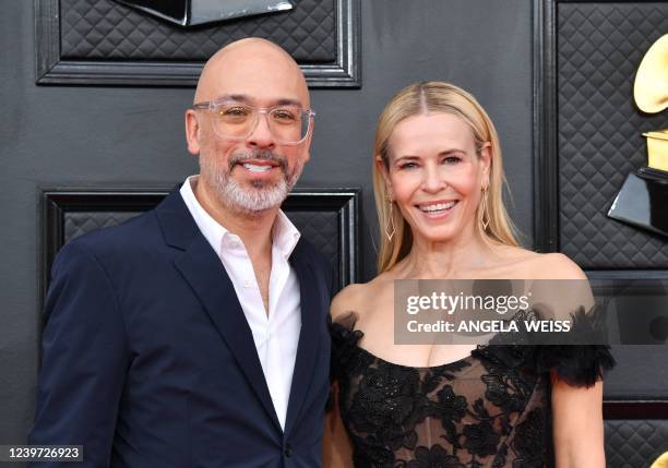 Comedians Chelsea Handler and Jo Koy arrive for the 64th Annual Grammy Awards at the MGM Grand Garden Arena in Las Vegas on April 3, 2022.