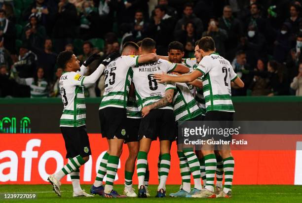 Nuno Santos of Sporting CP celebrates with teammates after scoring a goal during the Liga Bwin match between Sporting CP and FC Pacos de Ferreira at...