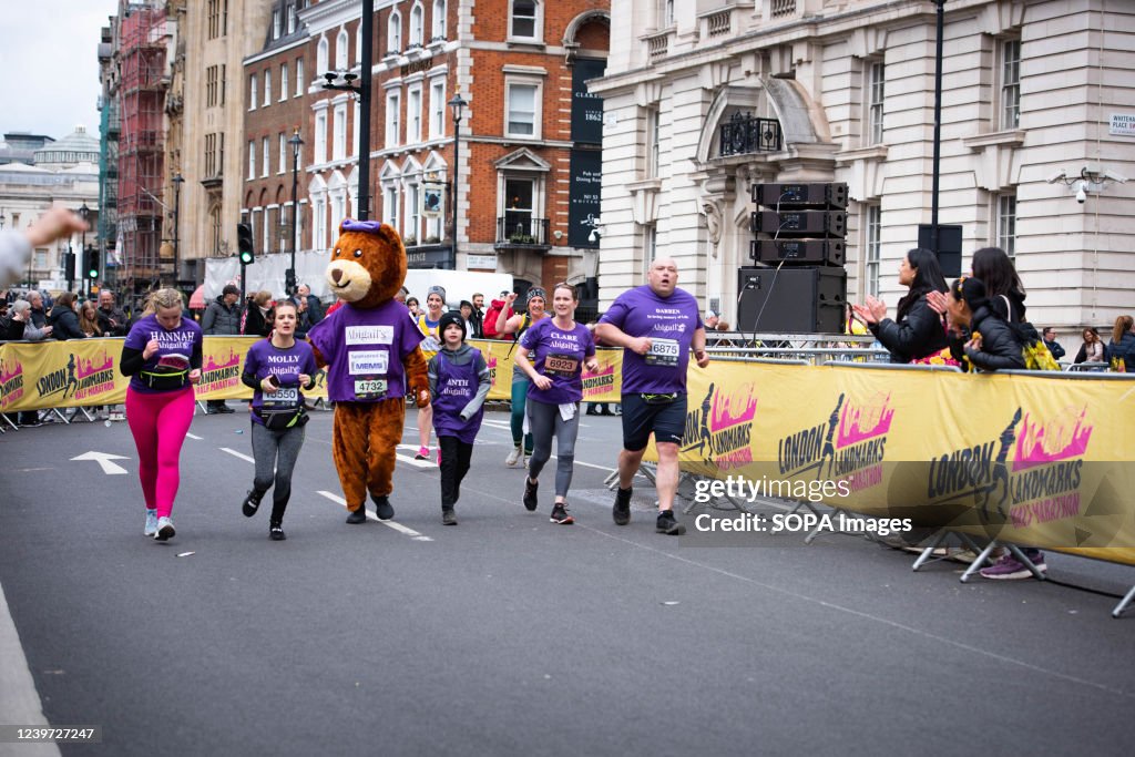 Runners approach the finish line during the London Landmarks...