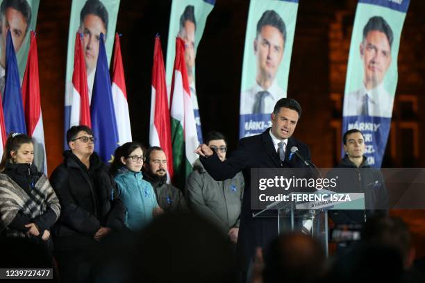 Hungary's opposition alliance leader and candidate for Prime Minister Peter Marki-Zay delivers a speech at the election party of the United for...