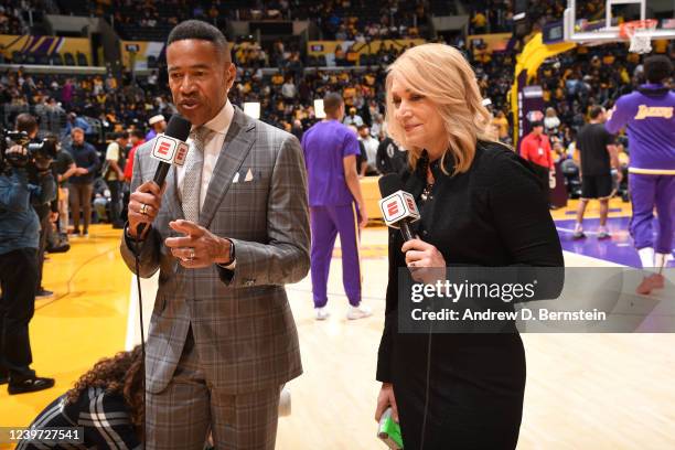 Commentators, Mark Jones and Doris Burke report on the game between the Denver Nuggets and the Los Angeles Lakers on April 3, 2022 at Crypto.Com...