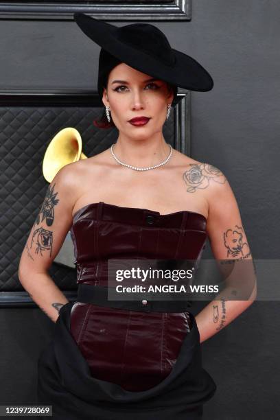 Singer Halsey arrives for the 64th Annual Grammy Awards at the MGM Grand Garden Arena in Las Vegas on April 3, 2022.