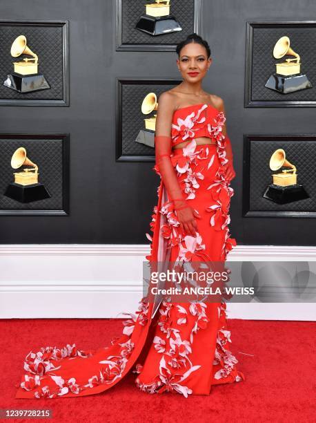Canadian singer-songwriter Allison Russell arrives for the 64th Annual Grammy Awards at the MGM Grand Garden Arena in Las Vegas on April 3, 2022.