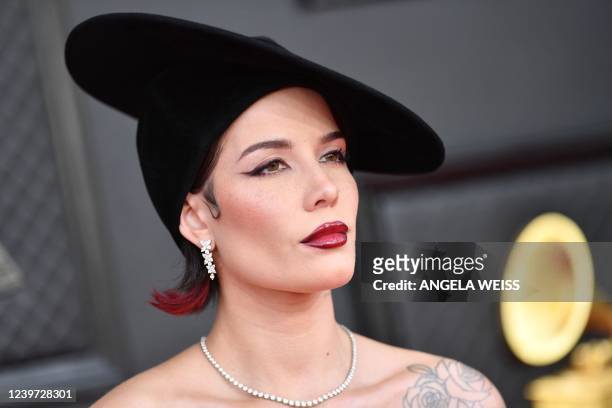 Singer Halsey arrives for the 64th Annual Grammy Awards at the MGM Grand Garden Arena in Las Vegas on April 3, 2022.