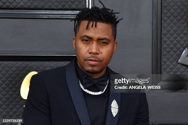 Rapper Nas arrives for the 64th Annual Grammy Awards at the MGM Grand Garden Arena in Las Vegas on April 3, 2022.