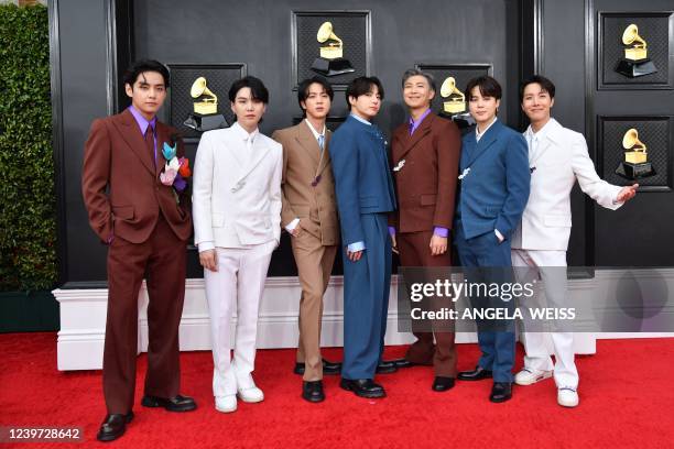 South Korean boy band BTS arrives for the 64th Annual Grammy Awards at the MGM Grand Garden Arena in Las Vegas on April 3, 2022.